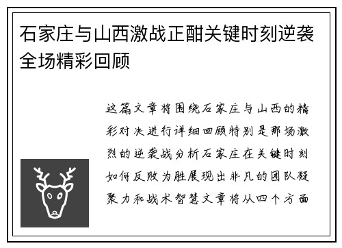 石家庄与山西激战正酣关键时刻逆袭全场精彩回顾