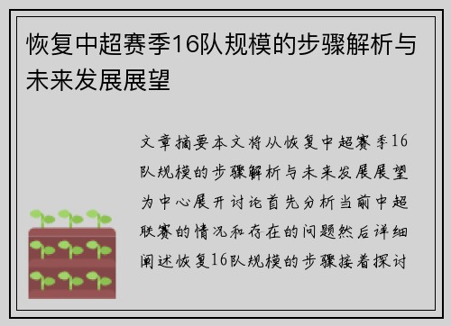 恢复中超赛季16队规模的步骤解析与未来发展展望 恢复中超赛季16队规模的步骤解析与未来发展展望